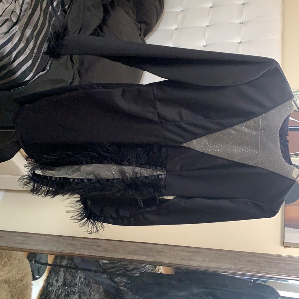 Black and gold feather dress